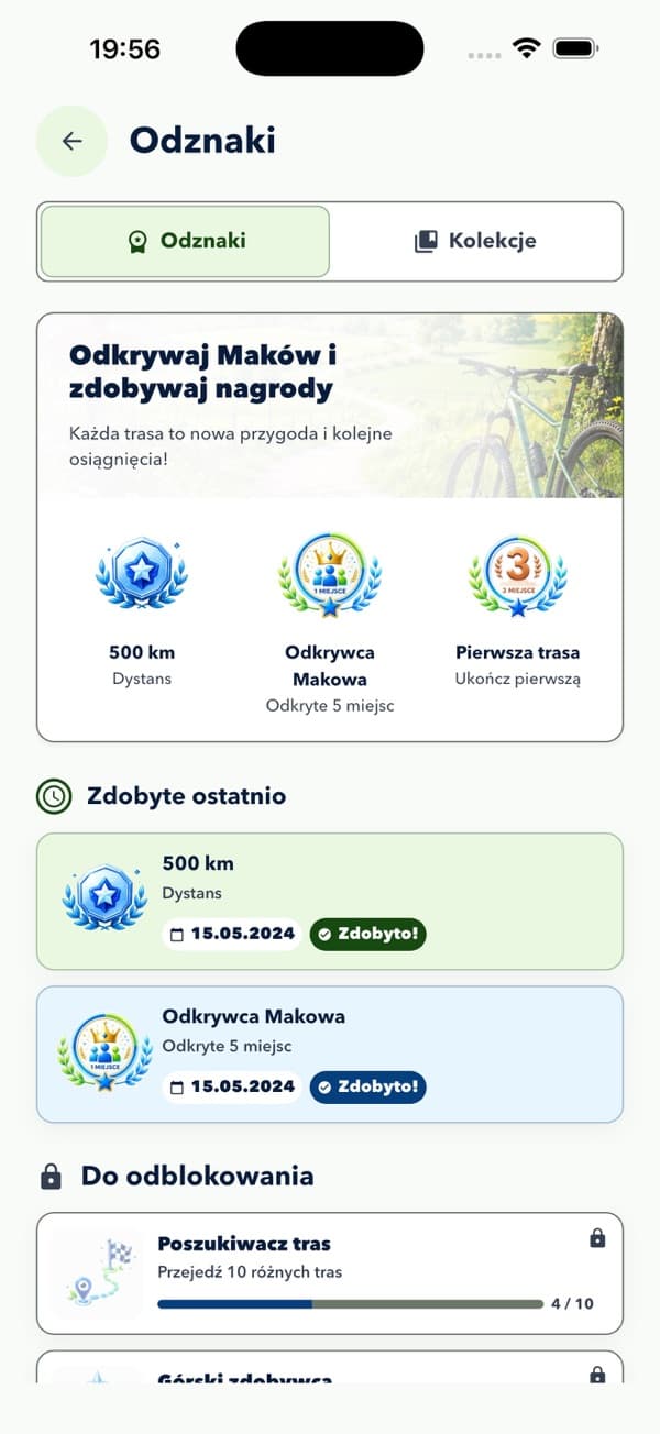 Rowerowy Maków: ekran odznak za aktywność rowerową