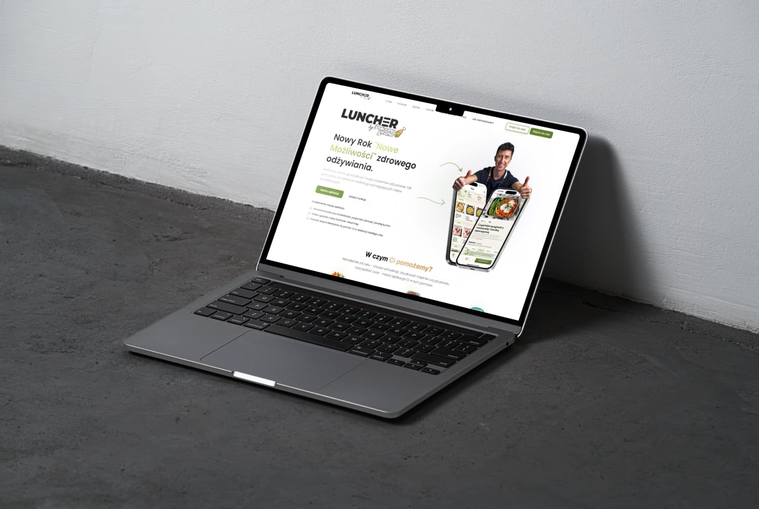Strona internetowa Luncher.app pokazana na laptopie