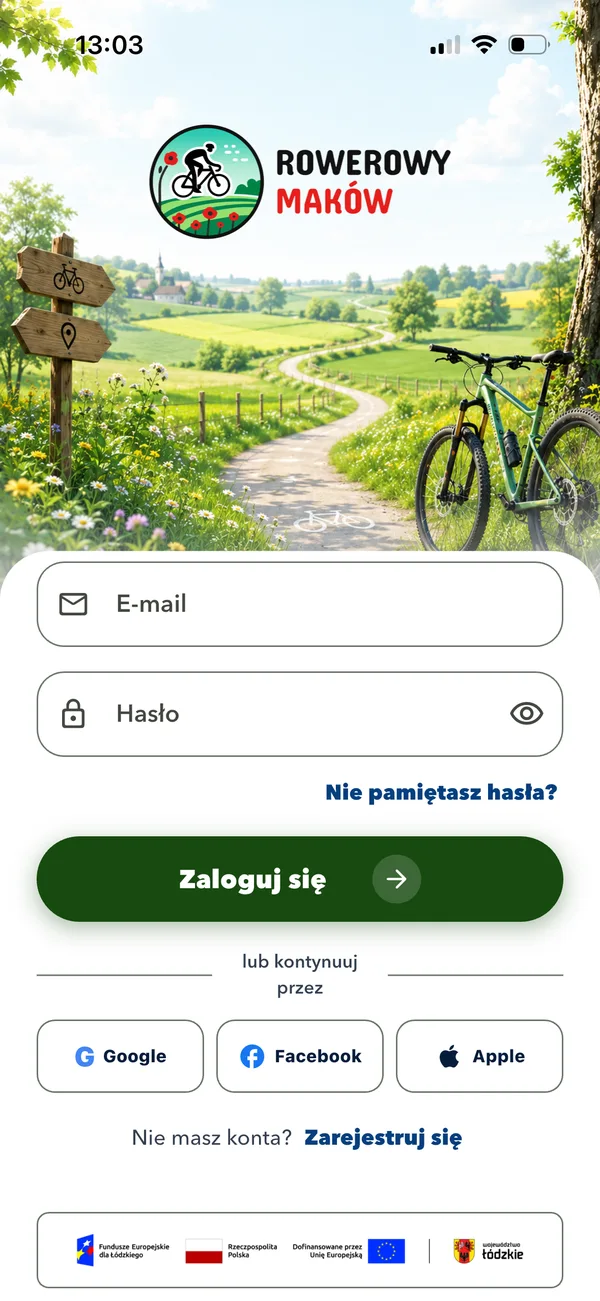 Ekran logowania aplikacji Rowerowy Maków na telefonie
